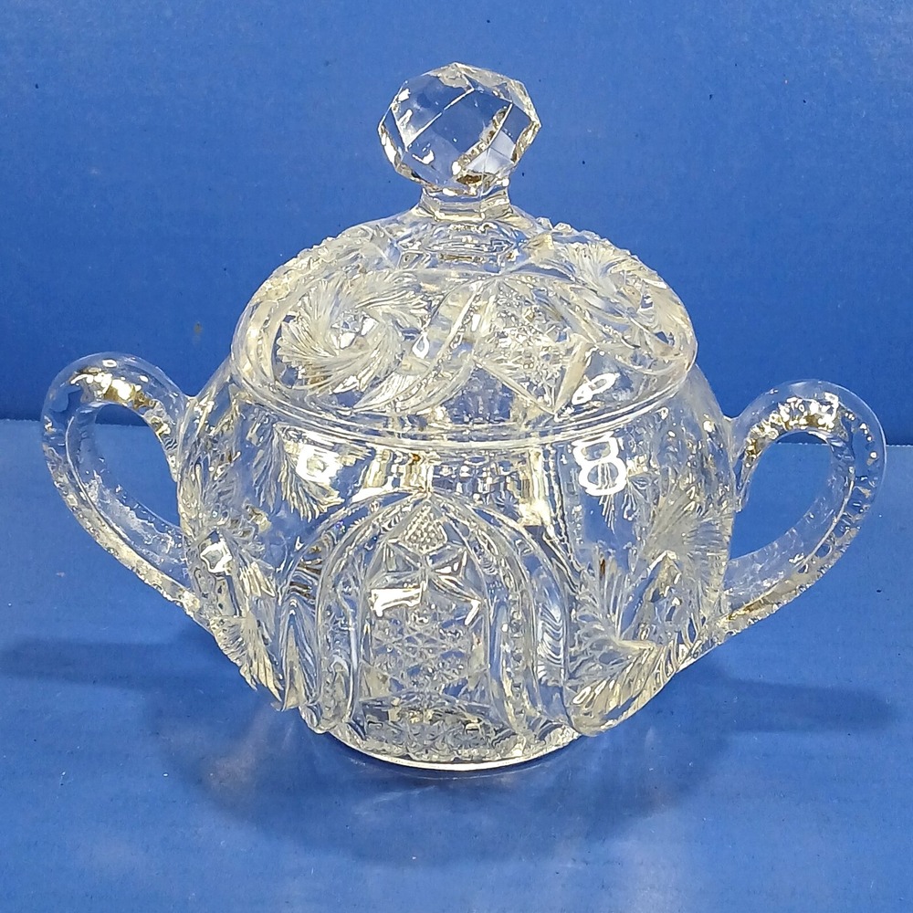 Sugar Bowl & Lid PresCut WILTEC Spinning Feather Clear EAPG McKee Glass